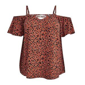 TORRID Womens (2x 18-20)Lace-Up Cold Shoulder Blouse Georgette Leopard Brown Top